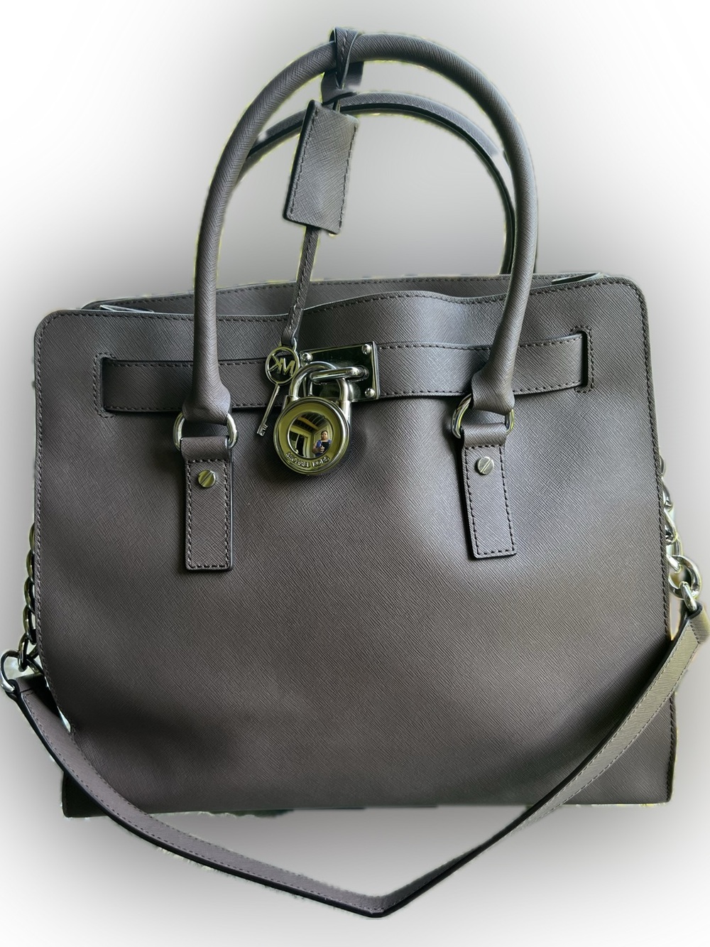 Michael Kors Taupe Saffiano Satchel with Logo Charm
